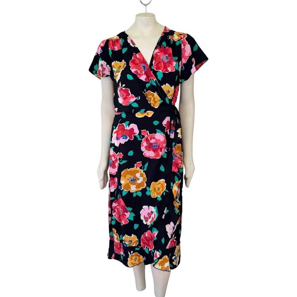 WHO WHAT WEAR Black Floral Wrap Dress  SZ L